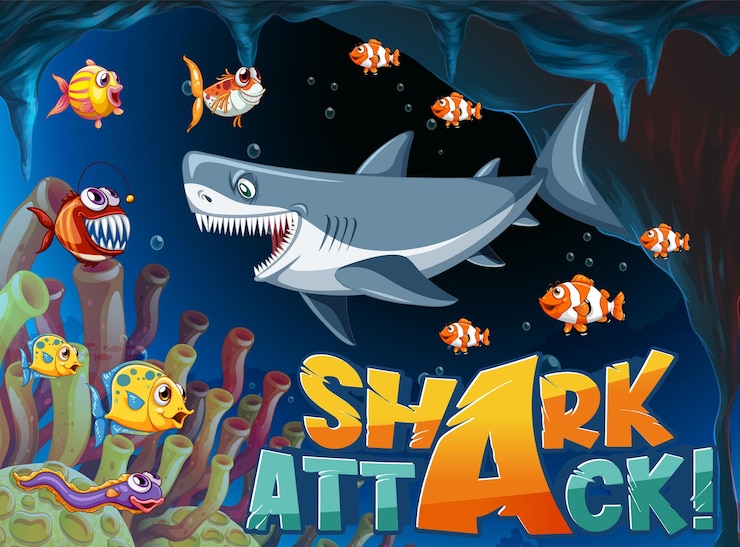 Vector gratuito icono de ataque de tiburón con animal marino submarino