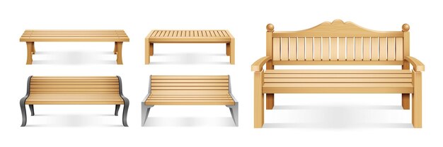 Icono de bancos de parque de madera realista establece cinco tipos diferentes de bancos con y sin ilustración de vector de respaldo