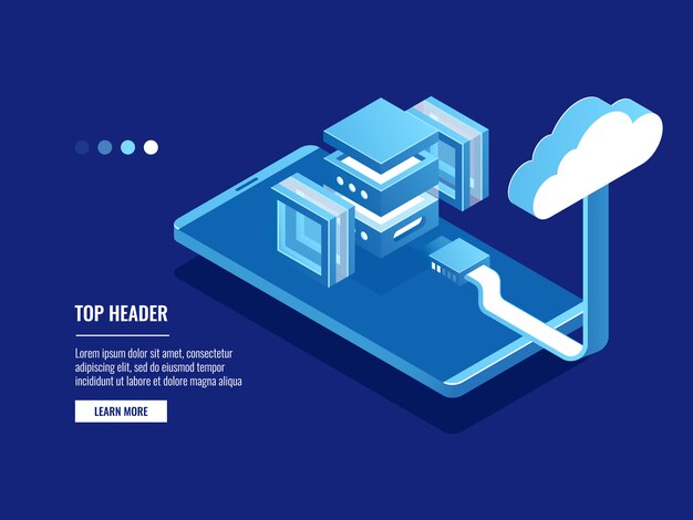 Icono de base de datos y almacenamiento de datos abstractos futuristas, almacenamiento en la nube, sala de servidores, centro de datos y base de datos