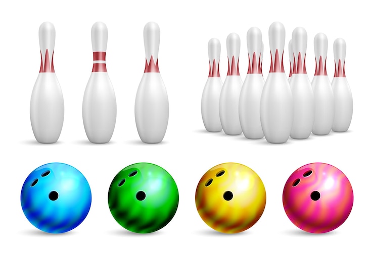 Vector gratuito icono de bolos de bola realista establece pines en grupos e individualmente diferentes colores y pesos bolas de billar ilustración vectorial