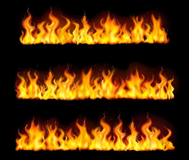 Icono de bordes de llama de fuego realista aislado con tres pilares largos y altos de ilustración de fuego