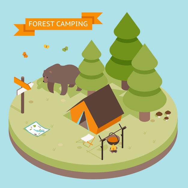 Icono de camping bosque 3d isométrico. Bosque y carpa, oso y fuego