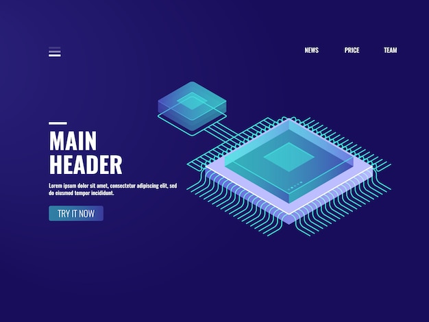 Icono de chip de computadora microelectrónico, proceso de computación de datos, sala de servidores, almacenamiento en la nube