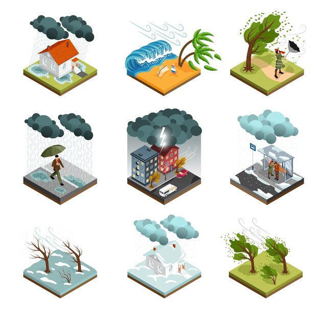 El icono del clima de tormenta isométrica establece nueve aislamientos con diferentes manifestaciones climáticas ilustración de vector de huracán de lluvia de viento