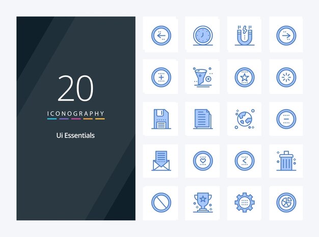 Icono de color azul de 20 Ui Essentials para presentación Ilustración de iconos vectoriales