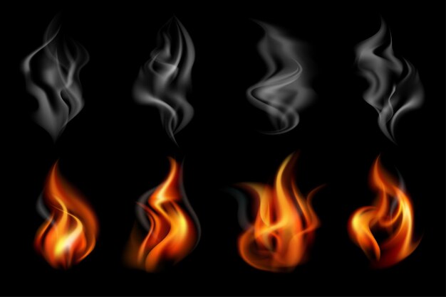 Icono de color de humo de fuego realista con fuegos aislados grises y rojos en la ilustración de vector de fondo negro