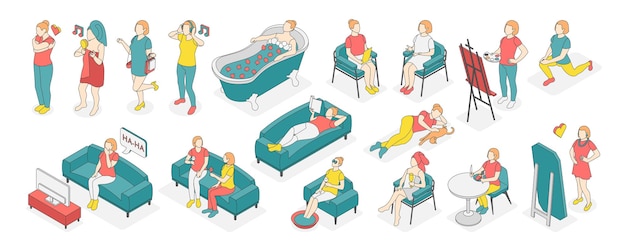 Icono de color isométrico del concepto de autocuidado con diferentes tipos de recreación y actividades en el hogar ilustración vectorial