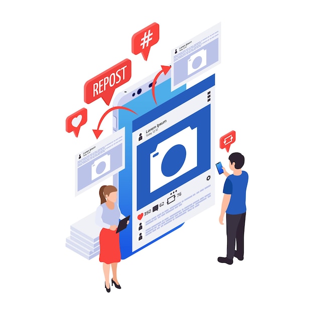 Icono de color de marketing en redes sociales con personajes de reenvío de publicaciones en Internet 3d