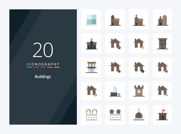 Icono de color plano de 20 edificios para presentación