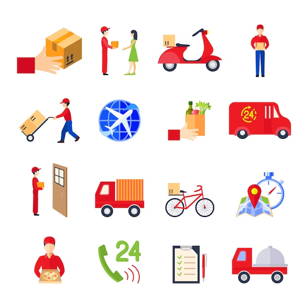 El icono colorido de la entrega plana fijó con la ilustración del vector del servicio personal de la orden del transporte