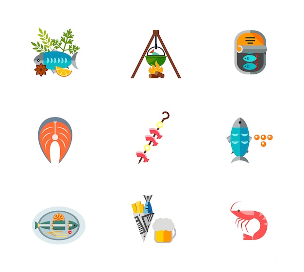 Vector gratuito icono de comida de pescado conjunto