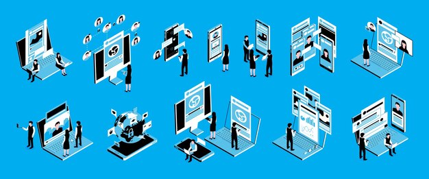 Icono de comunicación de Internet de redes sociales isométricas con notificaciones de mensajes de teléfonos inteligentes ilustración de vector 3d