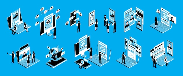 Icono de comunicación de Internet de redes sociales isométricas con notificaciones de mensajes de teléfonos inteligentes ilustración de vector 3d