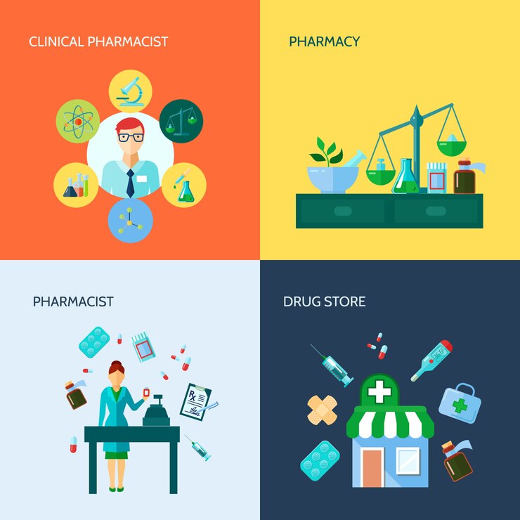 Vector gratuito el icono conceptual plano aislado de la farmacia fijó con los diversos dispositivos médicos y los métodos de la aplicación de la droga
