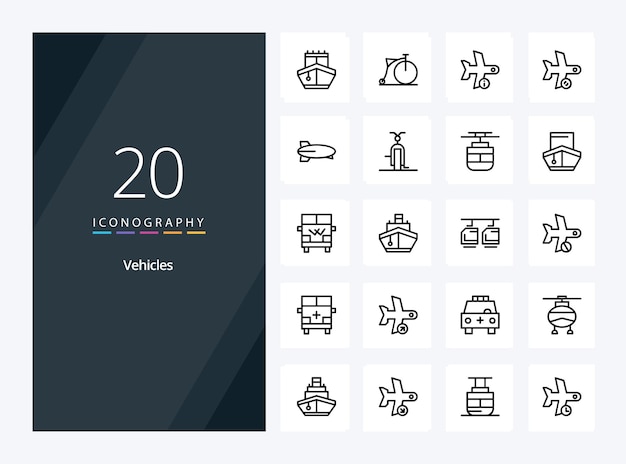 Icono de contorno de 20 vehículos para presentación Ilustración de iconos de línea vectorial