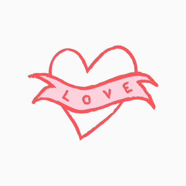 Icono de corazón palabra de amor, ilustración de vector rosa doodle