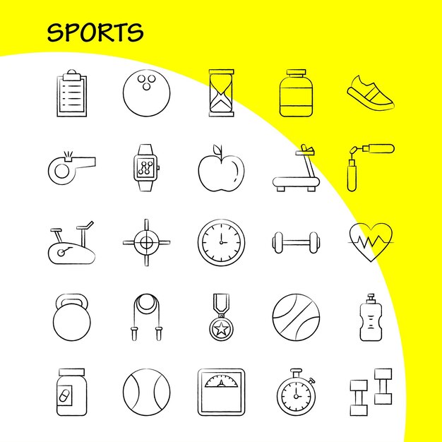 Icono deportivo dibujado a mano para impresión web y kit UXUI móvil como baloncesto Baloncesto Juego de pelota Premio deportivo Medalla Pictograma Pack Vector