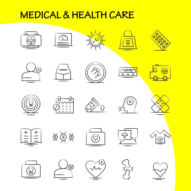 Vector gratuito icono dibujado a mano de atención médica y de salud para impresión web y kit uxui móvil, como chat médico de hospital, vendaje de salud, paquete de pictogramas de hospital médico de salud, vector