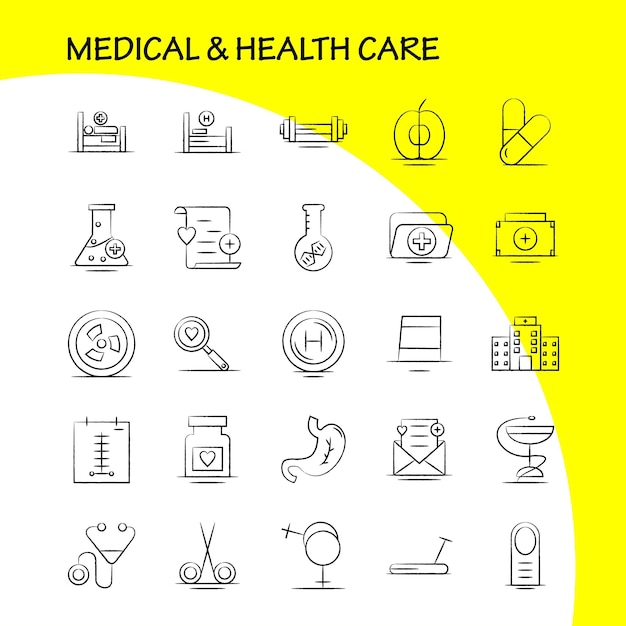 Icono dibujado a mano de atención médica y de salud para impresión web y kit de uxui móvil, como el signo del hospital flask medical medicine data fan pictogram pack vector