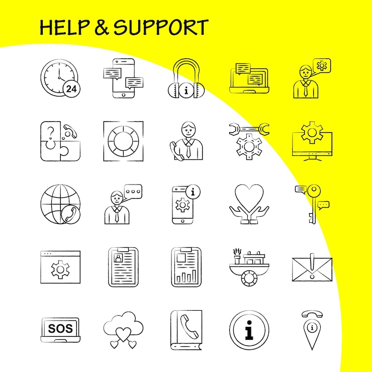 Vector gratuito icono dibujado a mano de ayuda y soporte para impresión web y kit de uxui móvil, como configuración de configuración de información móvil de gear seo, paquete de pictogramas de tablero de seo vector