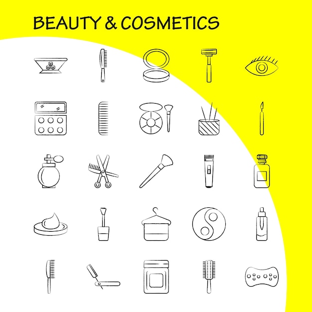 Icono dibujado a mano de belleza y cosméticos para impresión web y kit UXUI móvil, como Bowl Food Kitchen Beauty Cosmetic Makeup Powder Puff Pictogram Pack Vector