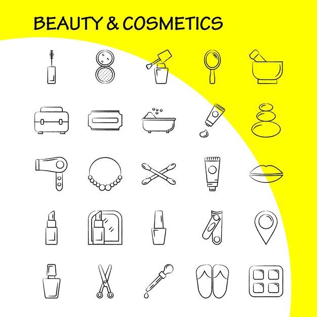 Icono dibujado a mano de belleza y cosméticos para impresión web y kit UXUI móvil, como collar de joyas, labios presentes, boca cosmética, ropa de belleza, paquete de pictogramas Vector