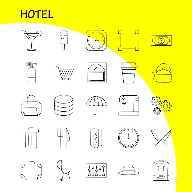 Vector gratuito icono dibujado a mano del hotel para impresión web y kit uxui móvil, como tiempo de optimización del reloj, optimización del tiempo, peso, máquina, escala, pictograma, paquete, vector