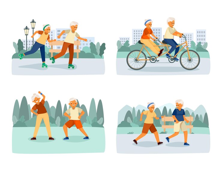 Vector gratuito icono de dibujos animados aislado de la vida feliz de las personas mayores con actividades deportivas