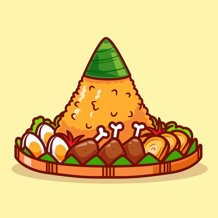 Vector gratuito icono de dibujos animados de comida de tumpeng ilustración de alimento icono de objeto de nasi vector plano aislado