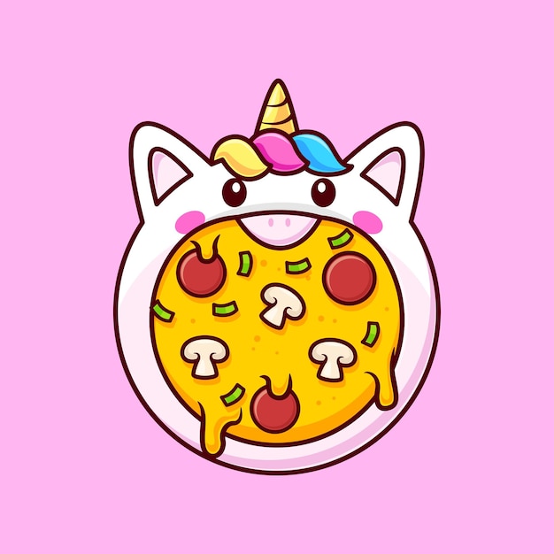 Icono de dibujos animados de pizza de unicornio lindo Ilustración Icono de comida para animales Vector plano aislado