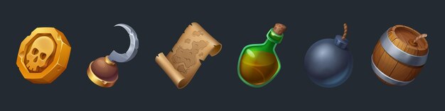 Icono de elemento de juego pirata ui con mapa del tesoro Moneda de oro vectorial de dibujos animados con cráneo barril de botella de ron de vidrio y colección de pergamino antiguo para aplicación de interfaz móvil objeto de juego de bomba y gancho aislado