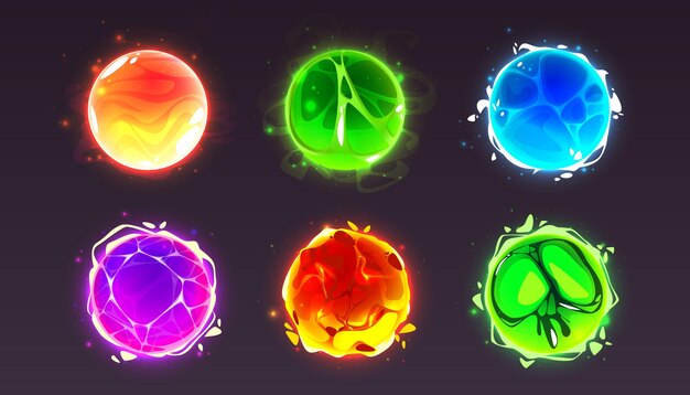 Icono de energía de la esfera de cristal de efecto de energía esfera de luz del círculo esfera de brillo de fantasía bola de fuego de lava relámpago de bruja elemento eléctrico burbuja abstracta de fortuna verde con plasma para hechizo tóxico conjunto 2d ui