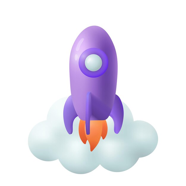 Icono de estilo de dibujos animados 3d de cohete que sopla. Lanzamiento de la nave espacial en la ilustración de vector plano espacial. Inicio de negocio o puesta en marcha. Desarrollo, crecimiento, educación, concepto de innovación.