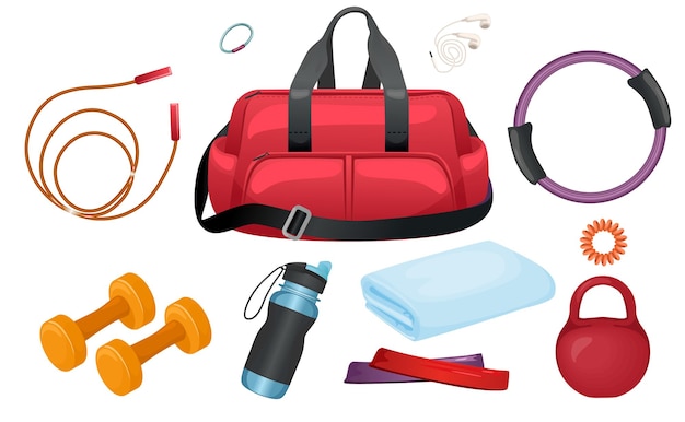 Icono de fitness de bolsa de gimnasio con bolsa roja con pesas rusas de cuerda deportes botella de agua banda para el cabello auriculares mancuernas toalla de ducha ilustración vectorial