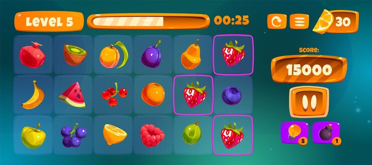 Vector gratuito icono de fruta para el conjunto de elementos de dibujos animados de interfaz de juego de casino ui botón de comida para combinar 3 aplicación de apuesta móvil vector 2d colección plátano fresa ciruela limón naranja arándano y pera símbolo de artículo