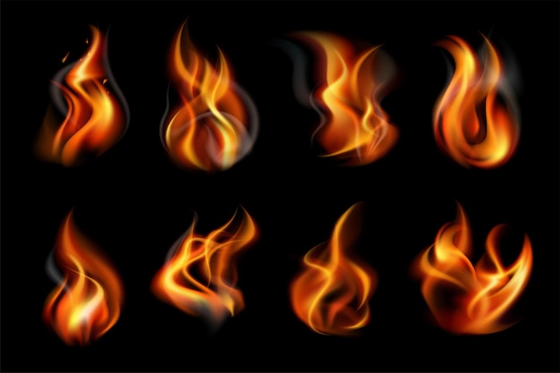 Icono de fuego de llama de color realista conjunto lenguas rojas brillantes en la ilustración de vector de viento