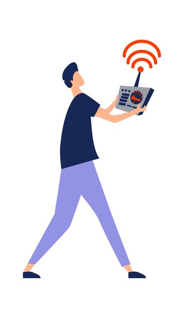Icono de un hombre con un control remoto en sus manos, controlando una ilustración de vector de dibujos animados de drone aislada en blanco