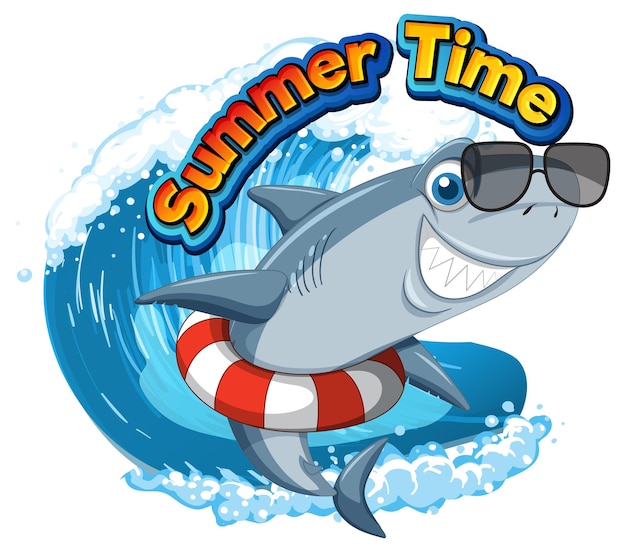 Icono de horario de verano con personaje de dibujos animados de tiburón