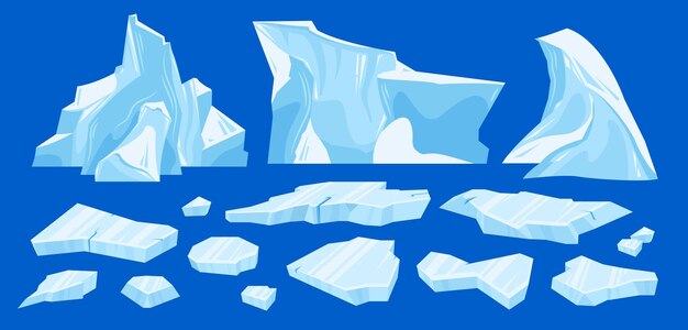 Icono de iceberg de hielo agrietado ártico congelado establece tres icebergs de diferentes tamaños y piezas rotas de ilustración de vector de hielo