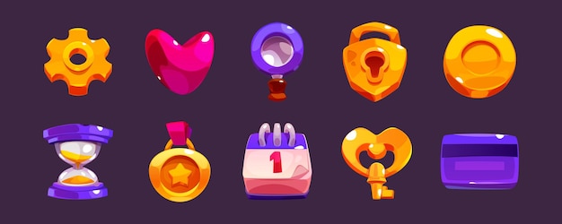 Vector gratuito icono de interfaz de juego de dibujos animados con interfaz de usuario de corazón y clave