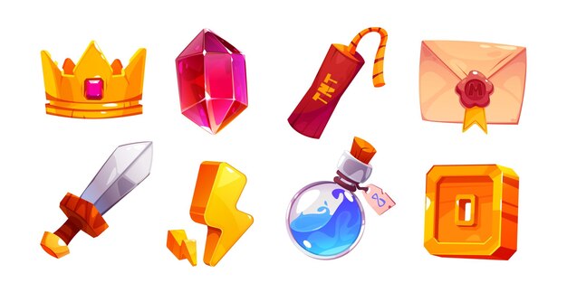 Icono de interfaz de juego set de elementos vectoriales de dibujos animados Gold crown gem tnt poción de dinamita botella y letra RPG botín accesorios kit de artículos aislados en fondo blanco logro arma de espada para aplicación de arcade