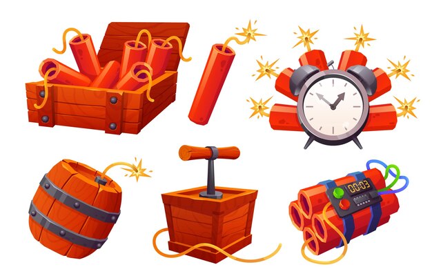 Icono de interfaz de usuario de juego de tnt y barril de dibujos animados establecido en vector