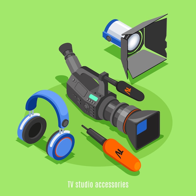 Icono isométrico de accesorios de estudio de TV con dispositivo de iluminación de micrófono de auriculares de cámara profesional