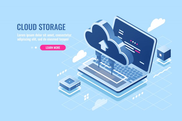 Icono isométrico de almacenamiento de datos en la nube, carga de archivos en el servidor en la nube para el concepto de acceso remoto, computadora portátil