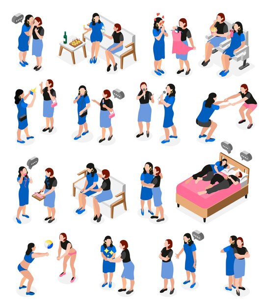 El ícono isométrico de amigas puso a dos amigas saliendo a hacer cosas generales charlando divirtiéndose cantando karaoke ilustración vectorial