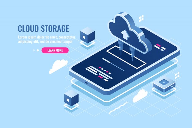 Icono isométrico de la aplicación móvil, descargue el archivo en el teléfono inteligente desde el almacenamiento del servidor en la nube