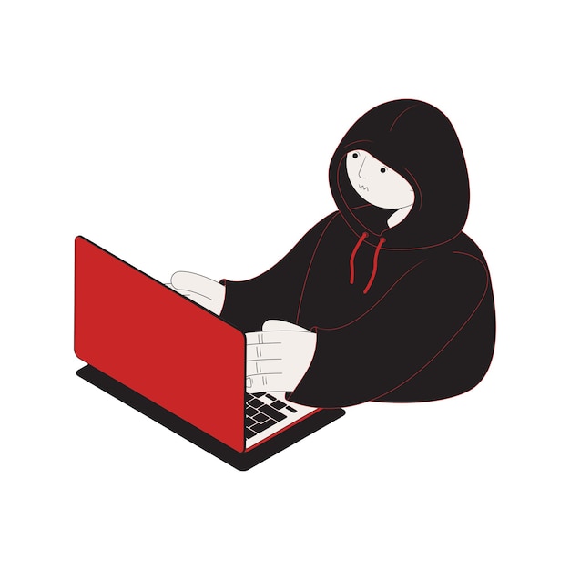 Icono isométrico de ataque cibernético con ilustración 3d de pirata informático y computadora portátil
