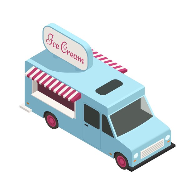Icono isométrico con camión de helado azul retro sobre fondo blanco ilustración vectorial 3d