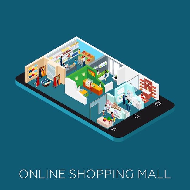 Icono isométrico de centro comercial en línea