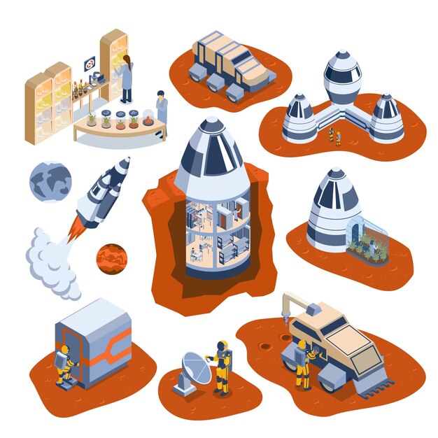 Icono isométrico de colonización de marte con astronauta en cohetes moonwalker de marte y otros elementos espaciales ilustración vectorial